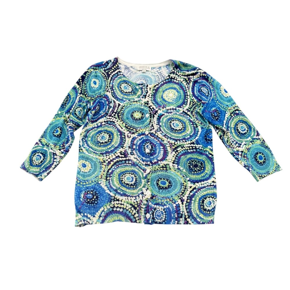 Joseph A. Abstract Mosaic Silk Blend Cardigan Womens Petite Medium Blue Sweater